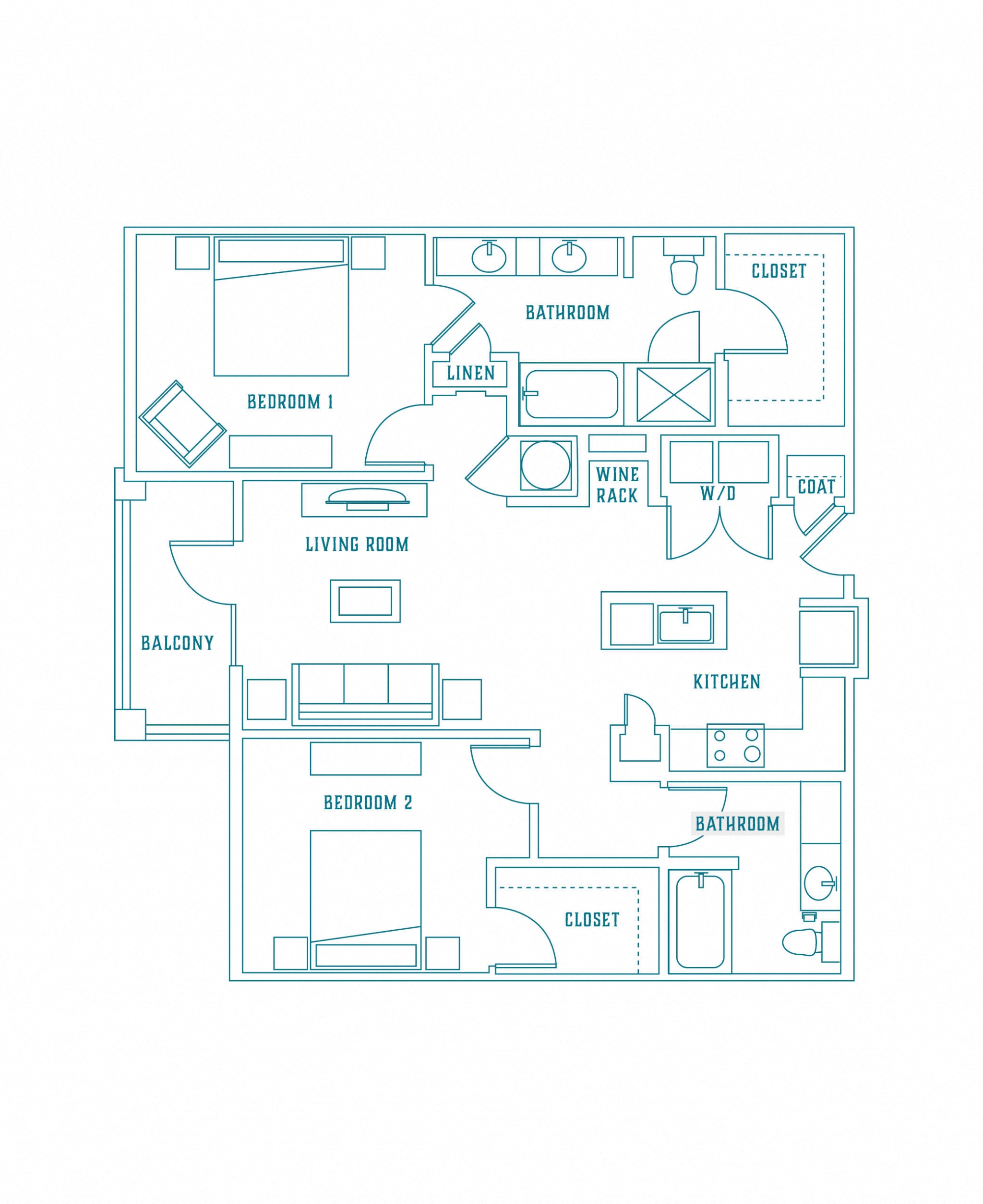 Floor plan for 2 beds, 2 baths, 1195 sqft